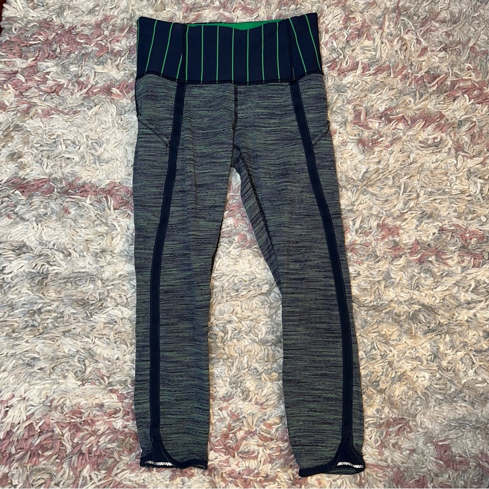 Lululemon green and navy striped nulu leggings 8